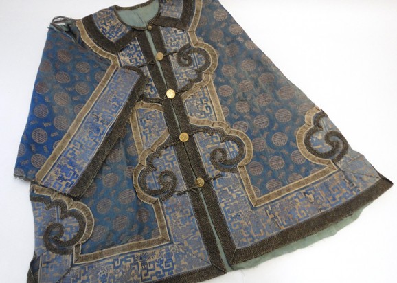 Blue brocade and silk jacket with Shou and Bat design