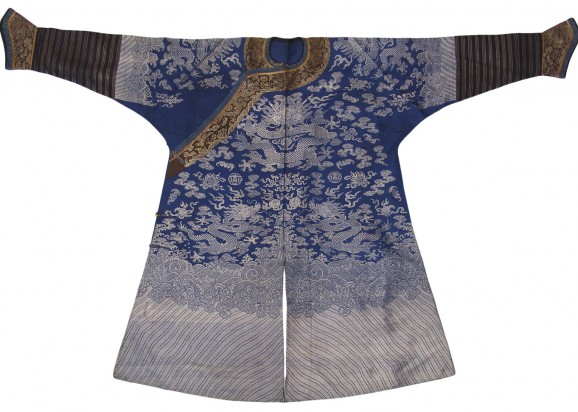 Blueground robe with silver thread embroidered dragons and horseshoe sleeves